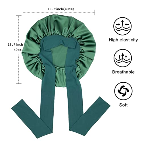 Satin Silk Hair Bonnet for Sleeping - Large Bonnets With Tie Band, Adjustable Straps, Night Sleep Cap for Women With Curly Braid Hair - Hunter Green