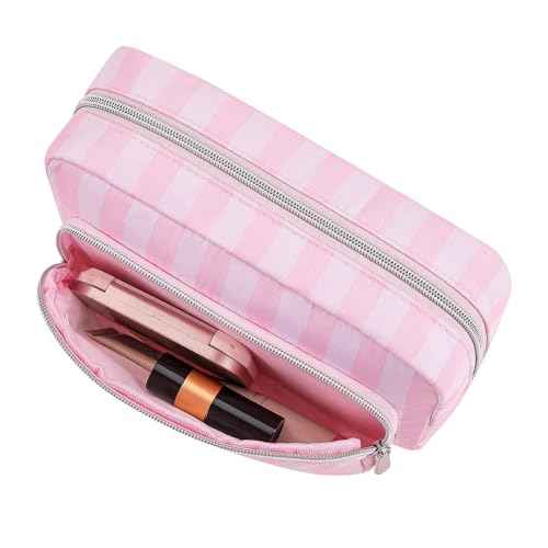 Waterproof Travel Makeup Bag, Aesthetic Nylon Striped Cosmetic Bag£¬Coquette Traveling Toiletry Bag With Zipper, Cosmetic Pouch for Women Purse, Ideal for Women and Girls(02 Compartments)