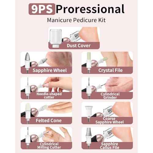 Professional Manicure Pedicure Kit, Cordless Electric Nail File Set, Rechargeable Pedicure Tools for feet, 5 Speeds Hand Foot Care Nail Drill for Thick Nail Toenail Cuticle Women Men Baby Pets