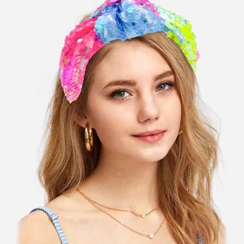 XIMA 3 PCS Sequin Headbands for Women and Girls Neon Rainbow Sparkle Statement Top Knot Holiday Hairbands Hair Accessories for Kids Girls Women