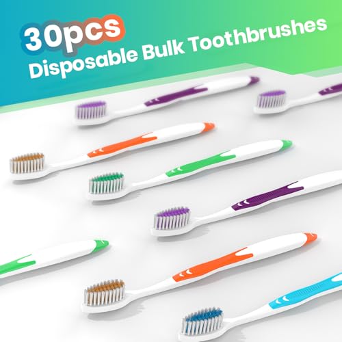 30 Pack Bulk Toothbrushes with Covers, Individually Wrapped Tooth Brush Pack for Adults & Kids, Disposable Toothbrush Medium Soft for Travel, Donations, Hotels