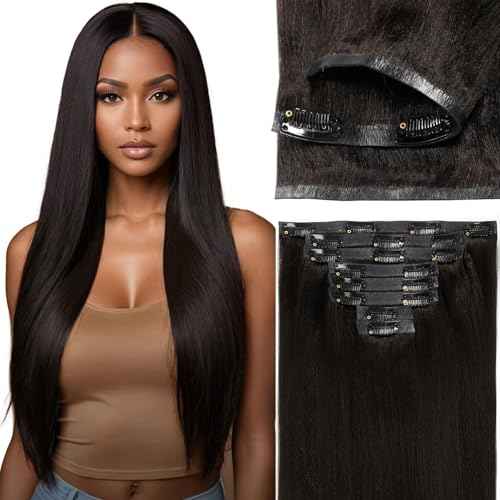 Loxxy Seamless Yaki Straight Clip ins Human Hair, Natural Black Yaki Clip ins for Black Women Invisible PU Weft 110g 7pcs 16 Inch