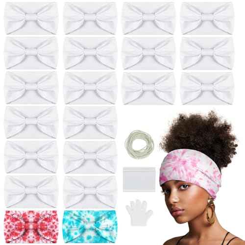 Silkfly 20 Pcs White Cotton Headbands Sets for Tie Dye Wide Headbands for Women Tie Dye Elastic Fashion White Head Wrap with Accessories for Group Party DIY Project