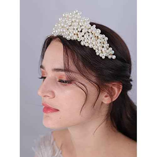 JWICOS Wedding Pearl Headbands for Brides and Bridesmaid Bridal Pearl Tiara Crown Headpieces for Women and Girls Princess Wedding Hair Accessories for Prom Pageant Dancing Ball