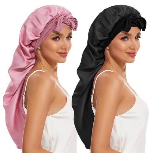 Long Bonnet for Braids & Curly Hair, Silk Satin Bonnet for Sleeping, Extra Large Bonnets for Women Braid (Black Pink)