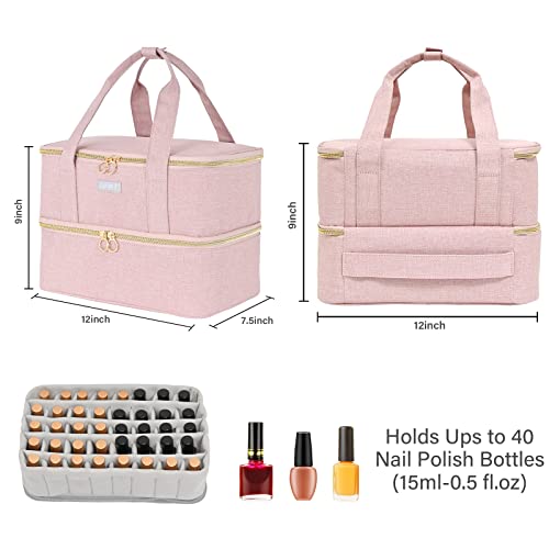 Nail Polish Organizers and Storage,Double-Layer Nail Supplies Carrying Case Bag Holds 40 Bottles(15ml-0.5 fl.oz) and Nail Lamp