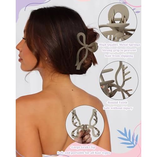4 PCS Bow Hair Clips Bow Claw Clip for Women Nonslip Large Hair Claw Clips for Thin and Thick Hair Strong Hold Hair Bows (Black+Light Brown+Off-White+Dark Brown)