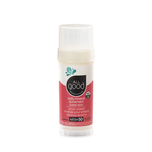 All Good Baby & Kids Mineral Sunscreen Butter Stick for Face, Nose, Ears - UVA/UVB Broad Spectrum SPF 50, Coral Reef Friendly, Water Resistant, Zinc Oxide, Coconut Oil, Beeswax, Vitamin E (2.75 oz)