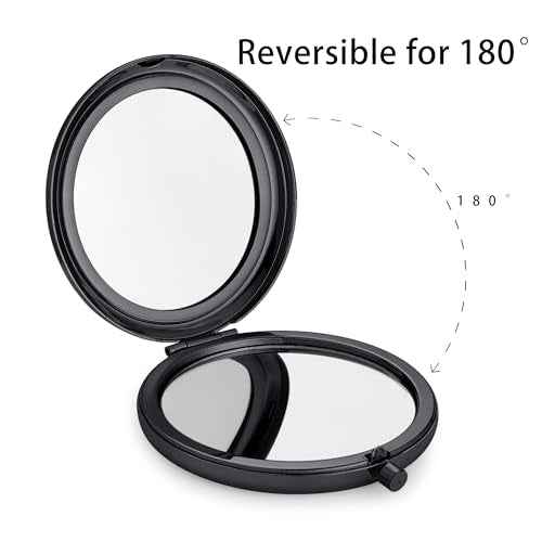 Compact Mirror, Pocket Travel Makeup Mirror for Purse, Metal Round Shell, 2-Sided 1X/2X Magnifying, Portable, Folding, Handheld, Black, 6 Pack