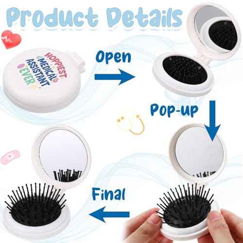 Meanplan 12 Pcs Medical Assistants Gifts Bulk MA Folding Hairbrushes with Mirror Medical Assistant Appreciation Gifts for MA Week Doctor Nurse Accessories Christmas Party Favor