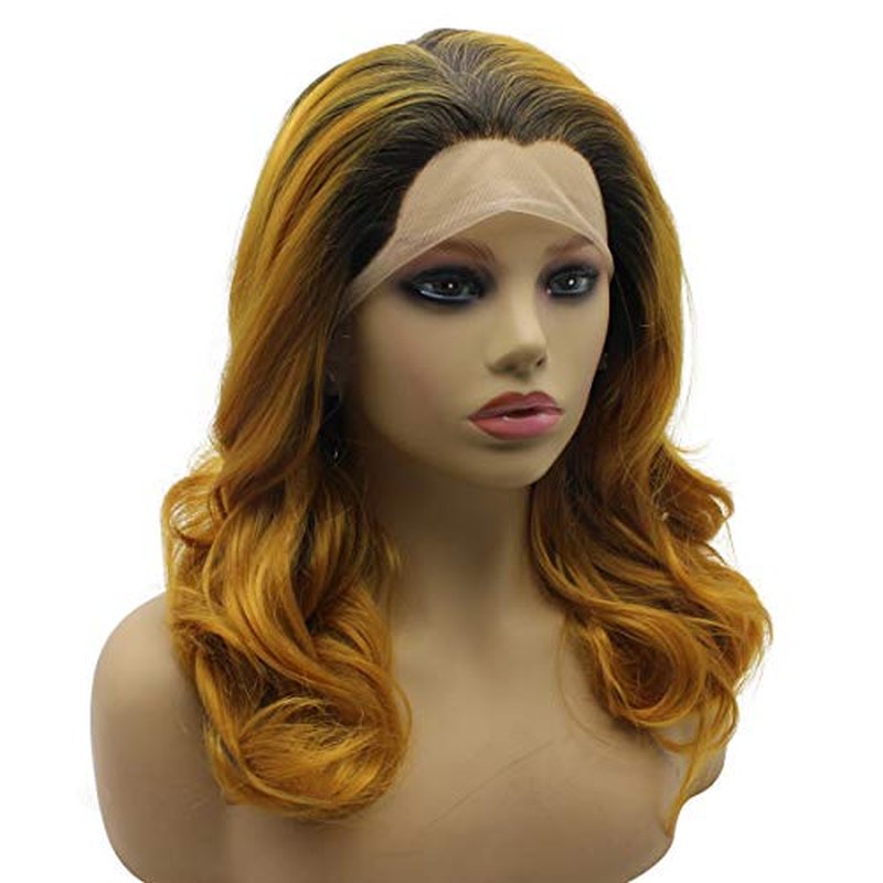 iwonawig Shoulder Length Wavy Curl Dark Roots Gold Blonde Ombre Tone Synthetic Lace Front Wig Heat Friendly Fiber
