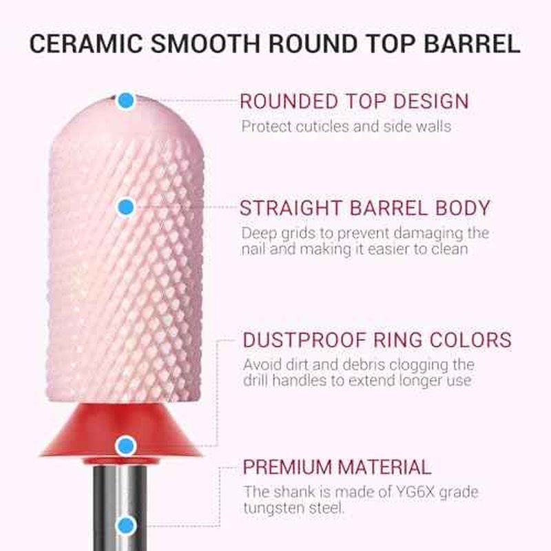 MelodySusie Ceramic Nail Drill Bit, 3/32'' Smooth Round Top Large Barrel Bits, Suitable for Manicure Pedicure Cuticle Gel Polishing, Beginners Bits, Pink, Series Bit-S, Fine