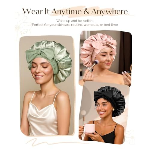 YANIBEST Adjustable Satin Bonnet for Sleeping, Double Layer Silk Bonnet with Tie Band for Women, Sleep Cap Curly Natural Hair, Pink