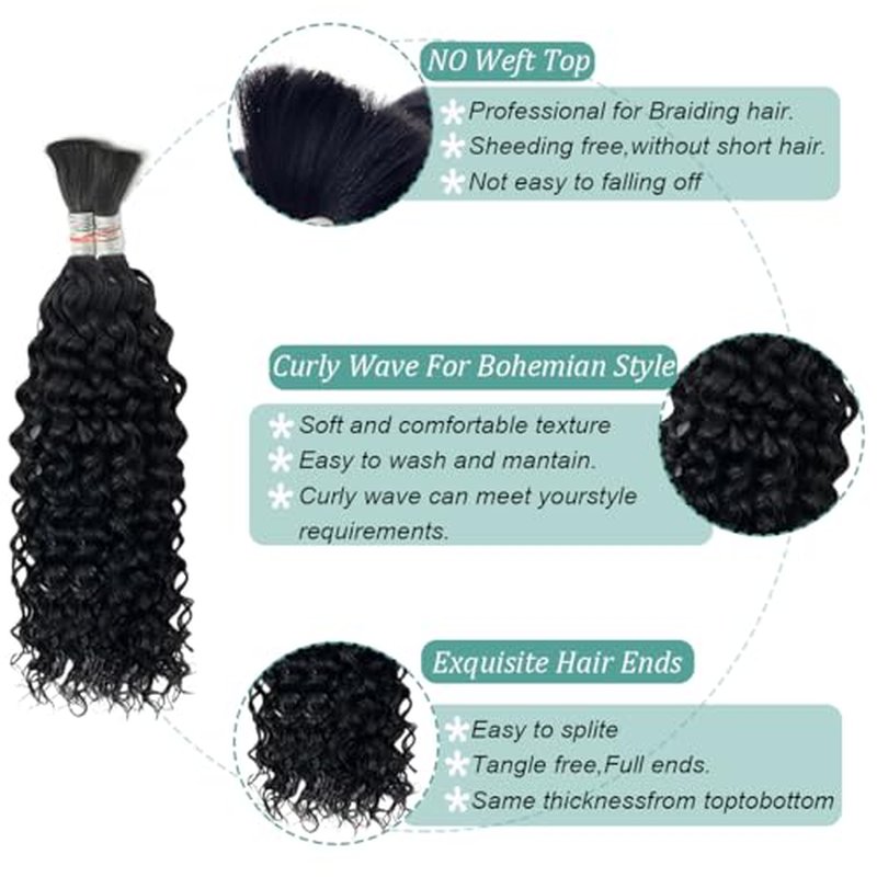 Curly Wave Bulk Human Hair For Braiding No Weft Unprocessed Brazilian Virgin Human Hair Extensions Wet And Wavy Micro Braiding Hair Human Hair Bundles For Boho Braids Natural Color(22inch 2pack/100g)