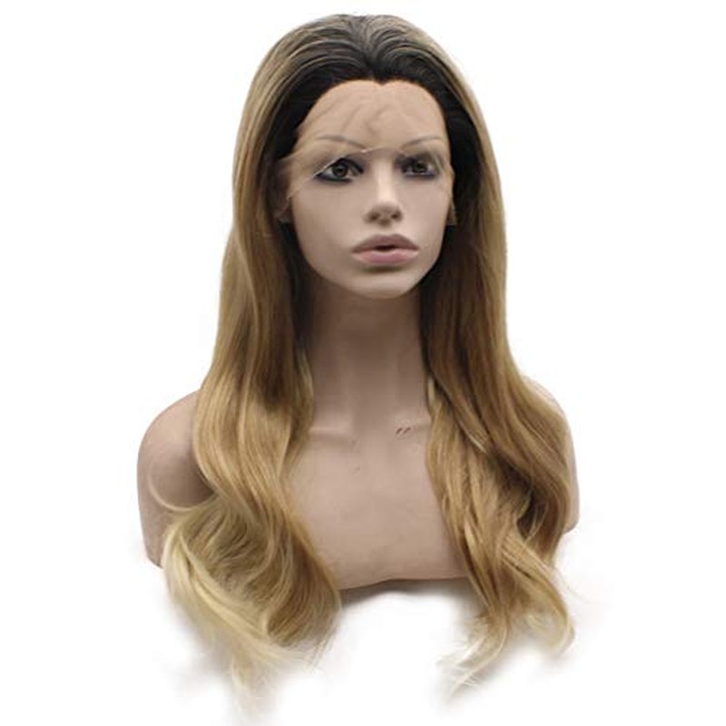 MX angel Long Wavy Ombre Blonde Hand Tied Synthetic Wig Lace Front Heat Resistant Fiber Hair Wig
