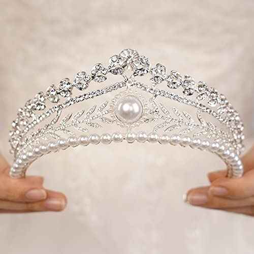 JWICOS Tiaras and Crowns for Women Pearl Wedding Tiara for Bride Baroque Queen Crown Rhinestone Hair Accessories for Birthday Pageant Prom