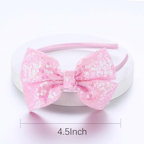 Kiszu Sparkly Sequin Hair Bow Headband for Girls, Kids, and Toddlers - Fashion Cute Boutique Style Hair Accessory - 3 Piece (White,Pink,Gold)