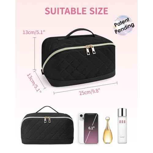 Wandering Nature Travel Makeup Bag,Travel Make up Bag with Large Capacity,Quilted Makeup Organizer Bag, Open Flat Travel Toiletry Bag for Women Cosmetic Bag with Divider and Handle,Patent Pending
