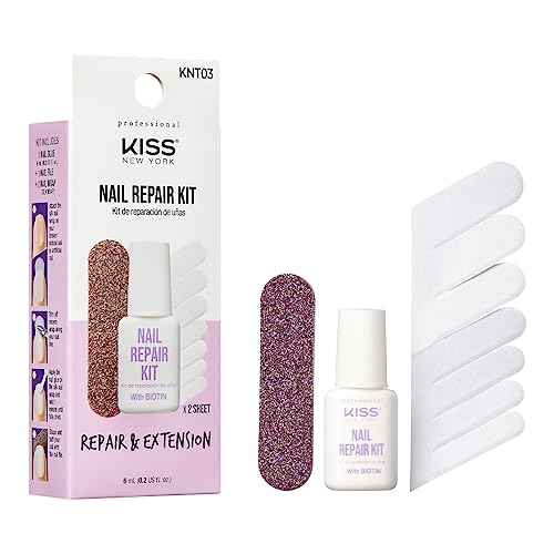 Kiss New York Nail Repair Kit for Damage, Broken, Cracked and Weak Nails - Biotin Infused Glue, File, and 2 Wraps - Made in Korea
