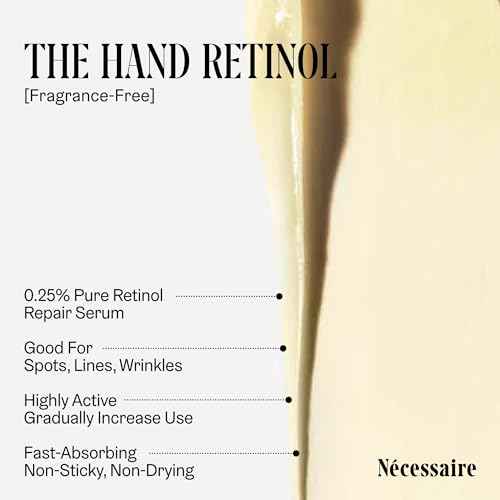 N?cessaire The Hand Retinol. Anti-Age Repair Serum. For Crepiness, Wrinkles, Spots, Brittle Cuticles. 0.25% Pure Retinol. 5% AHA. Dermatologist-Tested. Hypoallergenic. Non-Comedogenic.