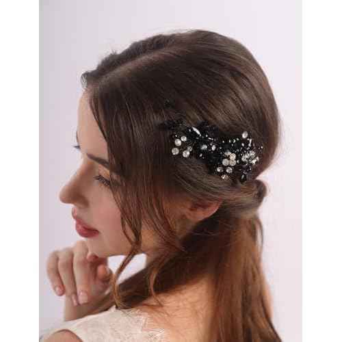 Teyglen Bridal Rhinestone Hair Clip Black Pearl Crystal Hair Barrette Sparkly Hair Piece Wedding Hair Clips Hair Accessories Jewelry for Women (Black)