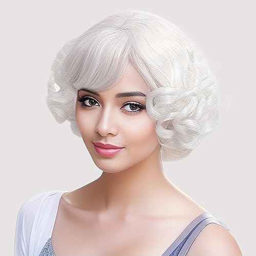 White Short Curly Womens Wig Heat Resistant Synthetic Hair for old lady Halloween Christmas mrs Santa Anime Cosplay costume Daily Wig