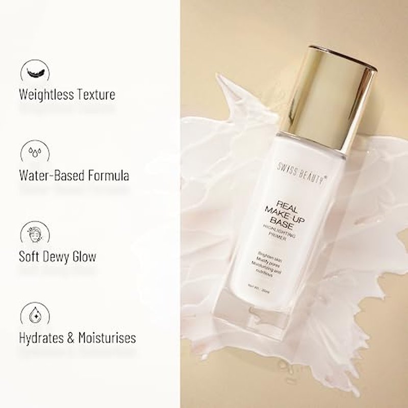 Swiss Beauty Real Makeup Base Highlighting Primer| Skin-Hydrating Poreless Primer With Natural Glow Finish For Face Makeup |Shade - Natural Tint, 32Ml