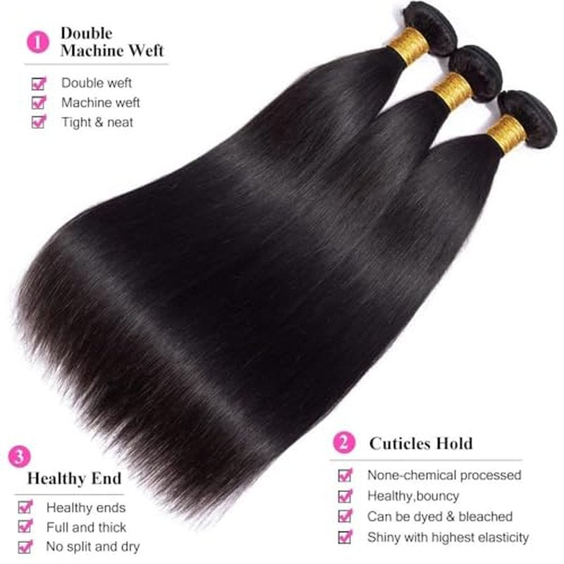 10A Brazilian Straight Human Hair 3 Bundles 10 12 14 Inch Straight Bundles Human Hair 100% Unprocessed Virgin Hair Weave Bundles Deals Hair 1B Black