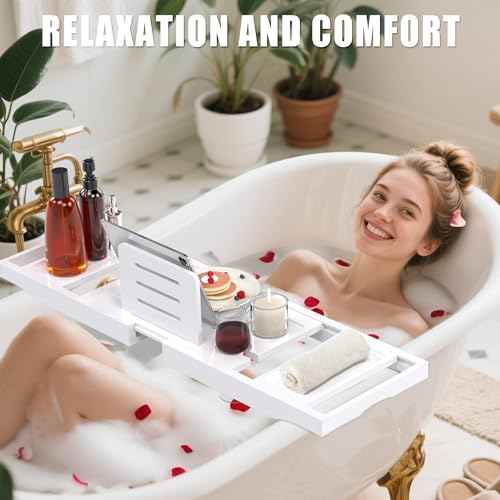 Bathtub Tray Caddy,Premium Bamboo Expandable Bath Tub Trays Table, Foldable Bathroom Accessories,Great House Warming, Anniversary and Birthday Gifts,White