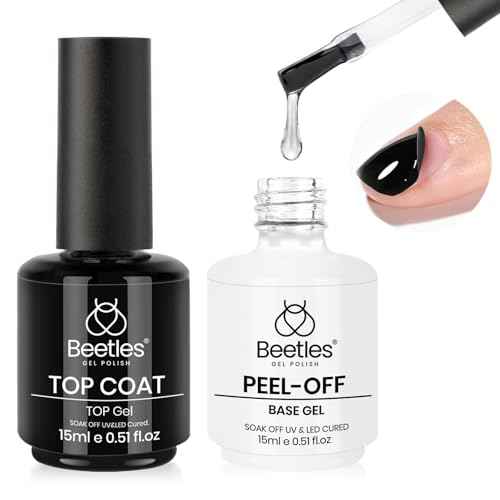 Beetles Peel Off Base Coat and Top Coat Gel Nail Polish Set, 2Pcs 15ml Peelable Base Gel and Top Coat Easy Removal, UV LED Lamp Peel off Nail Polish without Damage for Beginners Weak Thin Nails