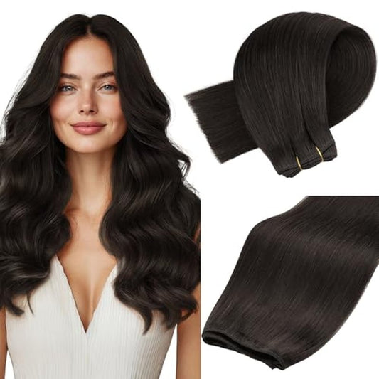 MAXITA Sew in Hair Extensions Real Human Hair, Weft Hair Extensions Human Hair, #2 Dark Brown 16 inch 80g Double Weft Remy Silky Sew in Weft Hair Extension Human Hair
