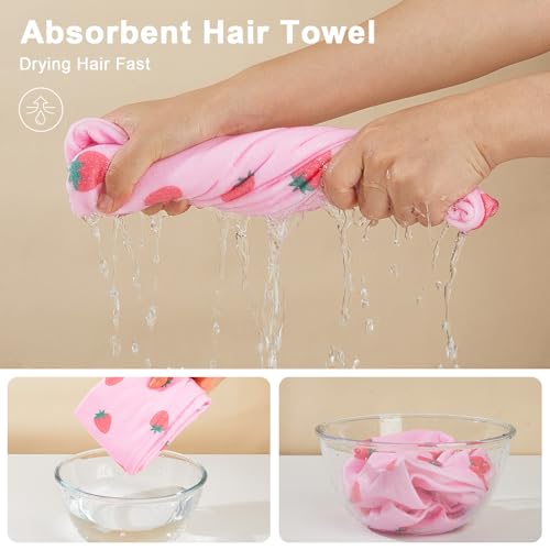 Unicorn Castle Microfiber Hair Towel for Kids 2Pack Hair Wrap Towels Absorbent Hair Drying Towel Wrap Hair Turbans for Curly Thick Hair, Pink White Strawberry