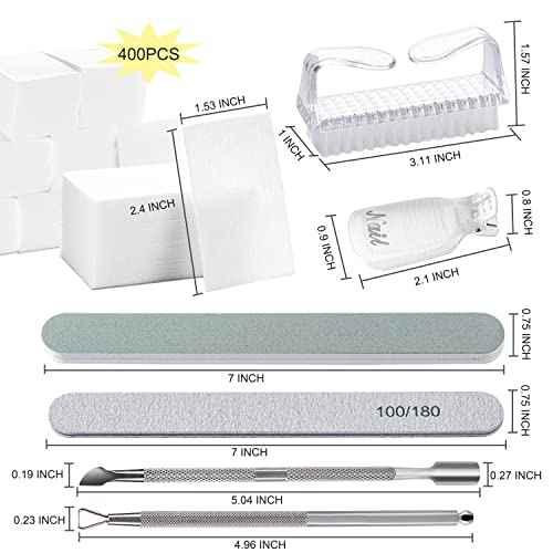 Gel Polish Remover Tools Kit - 10 Clips, 400 Lint-Free Wipes, Files 100/180, Buffer Block 400/4000, Brush, Cuticle Pusher & Peeler (Clear)