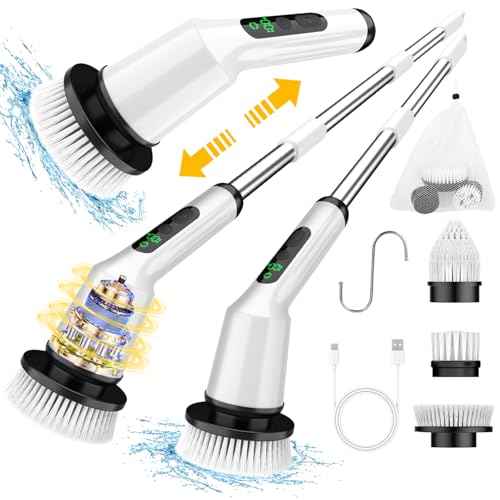 Shower Scrubber with Long Handle for Cleaning Bathroom, Electric Spin Scrubber Cleaning Brush with IPX7 Waterproof & 2Speed, 3Brush Heads, Bathroom Cleaning Supplies for Shower Tub Kitchen Tile Toilet