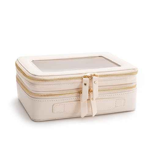 Aveniee Large Clear Makeup Bags, Double Layer Cosmetic Bags with Separate Brush Compartment, Travel Toiletry Bag Cosmetic Train Case, Travel Accessories Organizer for Women(2 Layers, White)