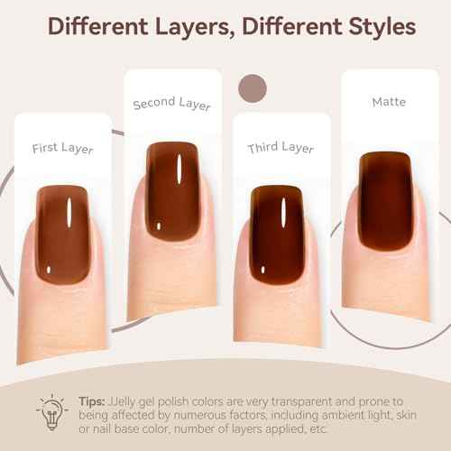 MEGIOR Jelly Sheer Tortoise Gel Nail Polish 15ML Caramel Transparent Colors Hot Cocoa Amber Soak Off UV Light Cure Long Lasting Gel Polish for Women Girls Manicure Nail Art Salon DIY at Home