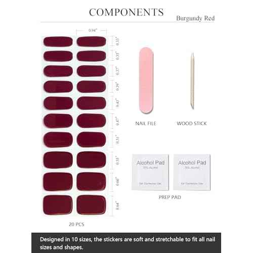 Semi Cured Gel Nail Strips (Burgundy Red), 20 Pcs Gel Nail Wraps, Stickers, UV Light Required, Salon Quality, Long Lasting