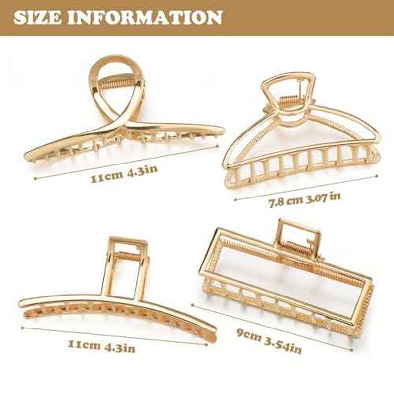 4 Pack Large Metal Hair Clips for Thin to Thick Curly Hair, 4.3 Inch Big Nonslip Gold Color Clamps, Perfect Fashion Jaw Claw Hair Styling Accessories for Women and Girls, Christmas Gifts