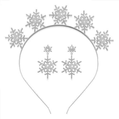Christmas Snowflake Headband Rhinestone Snowflake Bow Crown Tiara Hairband Headpiece Hair Clip Xmas Party Accessories Gifts (snowflake hairband earrings)