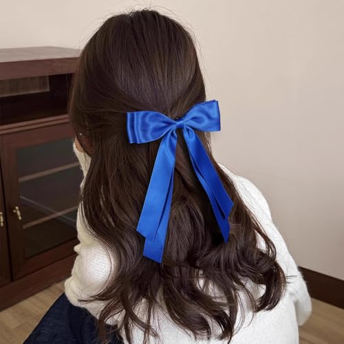 Royal Blue Large Hair Bows Alligator Clip 5.5" Solid Satin Polyester Ribbon Ponytail Hair Barrettes with Long Tail Wedding Dress Decor Accessories for Women Toddler Teen Girls
