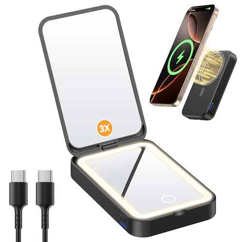 Gospire 2-in-1 Compact Mirror with Light 3 Color and 3X/1X Magnification, Travel Pocket Mirror for Purses with 3000mAh Magnetic Power Bank for iPhone 16/15/14/13/12 Series Only - Black