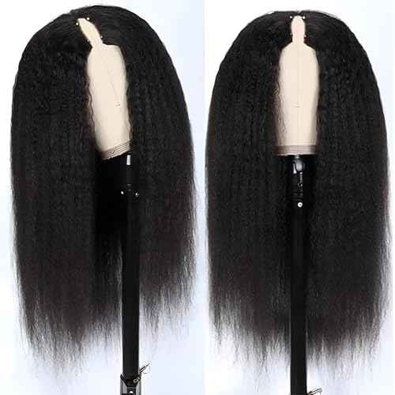 V Part Wig Human Hair Kinky Straight Vpart Human Hair Wig 16 Inch Upgrade U Part Wig Yaki Straight Clip in Half Wigs for Black Women Glueless No Leave Out 180% Density Natural Color