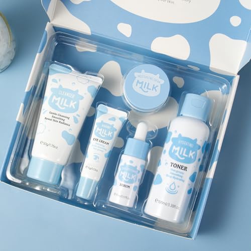 Milk Skincare Set Girls Gifts - Teens Skin Care Kit - Skin Care Set for Women Kids - with Cleanser,Face & Eye Cream,Lotion Toner(5pcs B)