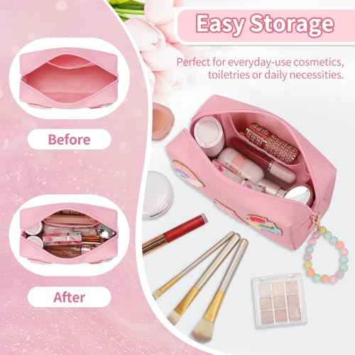 Personalized Initial Makeup Bag, Birthday Gifts for Girls 4 5 6 7 8 9 10 11 12 13 14 15 Years Old, Cute Cosmetic Bag Small Toiletry Bag Travel Make Up Organizer, Gift for Teen Girl Women Friend, Pink