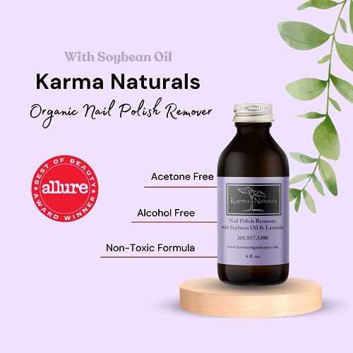 Karma Organic Nail Polish Remover with Soybean Oil and Lavender Oil- Non Toxic, Vegan, Cruelty Free, Acetone Free ? Nails Strengthener for Fingernails ? 4 fl. Oz