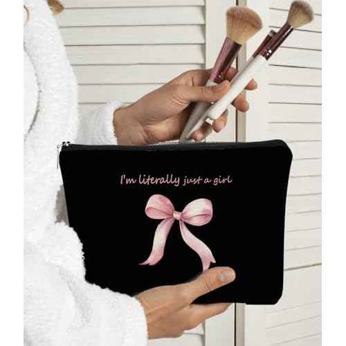 Pink Coquette Bow Aesthetic Makeup Bag, I'm Literally Just a Girl, Cute Cosmetic Bag, Trendy Preppy Gifts, Coquette Stuff, Black