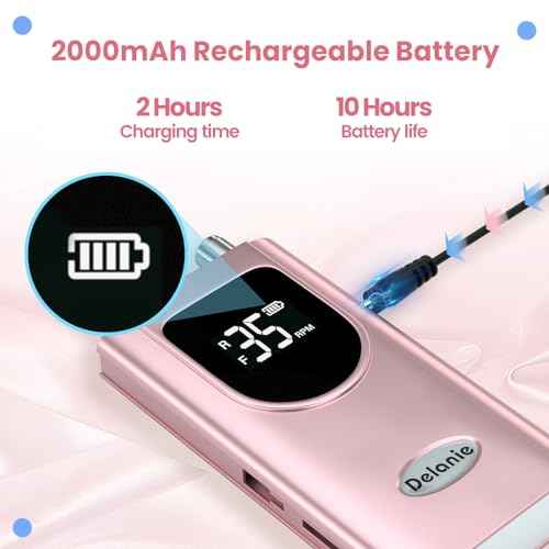 Delanie Professional Nail Drill High Torque 35000 RPM Rechargeable Portable Electric Nail File Filer for Acrylic Gel with Cuticle Bits, Salon Manicure Tool, Rose Gold