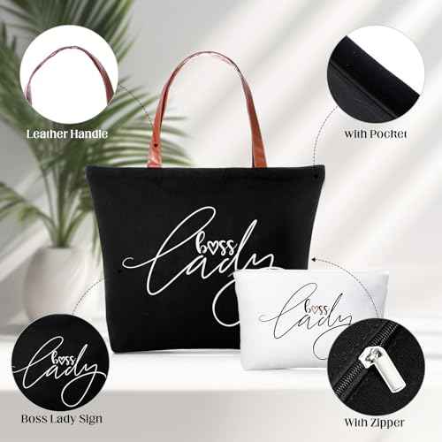 Sieral 2 Pcs Boss Lady Gifts for Women Bosses Day Lady Tote Bag with Zipper Makeup Bag Christmas Appreciation Gifts for Women Female Leader Coworker Colleague Birthday