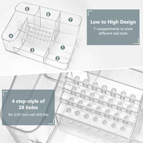CGBE Nail Drill Holder, 28 Holes Transparent Acrylic Nail Drill Bits Holder, Professional Nail Tools Organizer and Storage Box Case