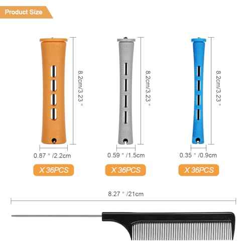 108 Pieces Hair Perm Rods Set, 3 Sizes Cold Wave Rods Hair Rollers Heatless Perming Rods Set with Pintail Comb or Long & Short Hair DIY Different Hairdressing Styling Tool